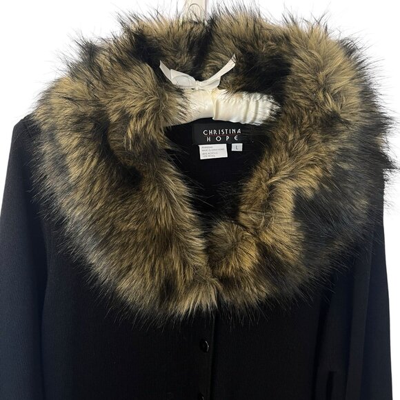 Vtg Penny Lane Style Long Cardigan Sweater Duster Faux Fur Collar Acrylic Wool L - Picture 2 of 16